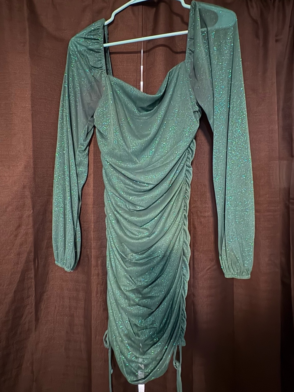 Jump Teal Green Sparkle Ruched Long-Sleeve Dress
